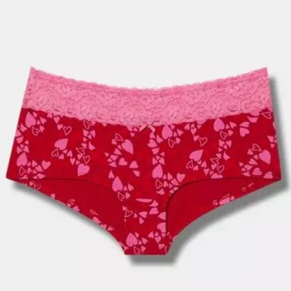 Torrid - Cotton Mid-Rise Lace Trim Boyshort Panty in Wild Hearts Pink & Red - Picture 1 of 8